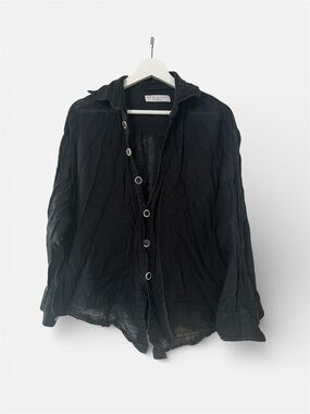 Tan + Lines Black Linen Button-Up Shirt